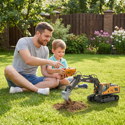 RC Excavator Toy for Kids Track Type 2.4GHz, 1200mAh Rechargeable Remote Control Construction Truck with Metal Shovel & LED Light