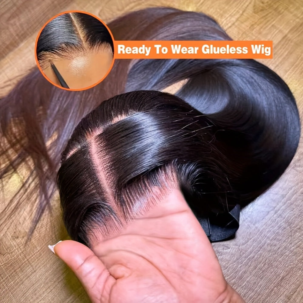 Wig Bone-Straight Glueless Human Hair in Natural Black, 10-34 Inch Options with Pre-Cut 6x4.5 Lace