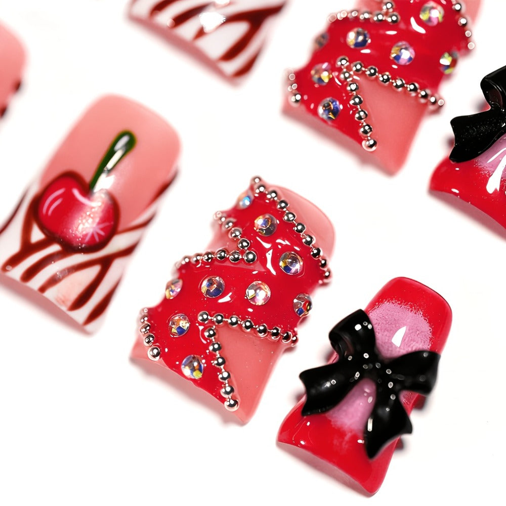 Press On Nails 10-Piece Short Duckbill Acrylic Set with Skull, Cherry, Bow, Rhinestone and Zebra Details