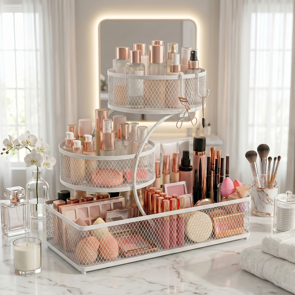 Three-Tier Metal Mesh Countertop Organizer with Black or White Finish and Optional Hooks or Spray Bottles