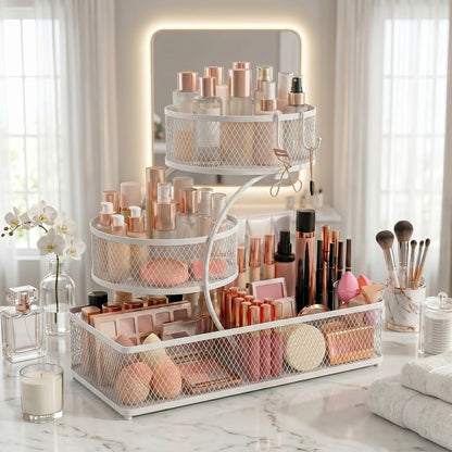 Three-Tier Metal Mesh Countertop Organizer with Black or White Finish and Optional Hooks or Spray Bottles