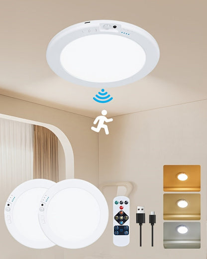 LED Ceiling Light, Wireless Motion Sensor 2 Pack 5500mAh Rechargeable, Remote Control, 3 Brightness Modes