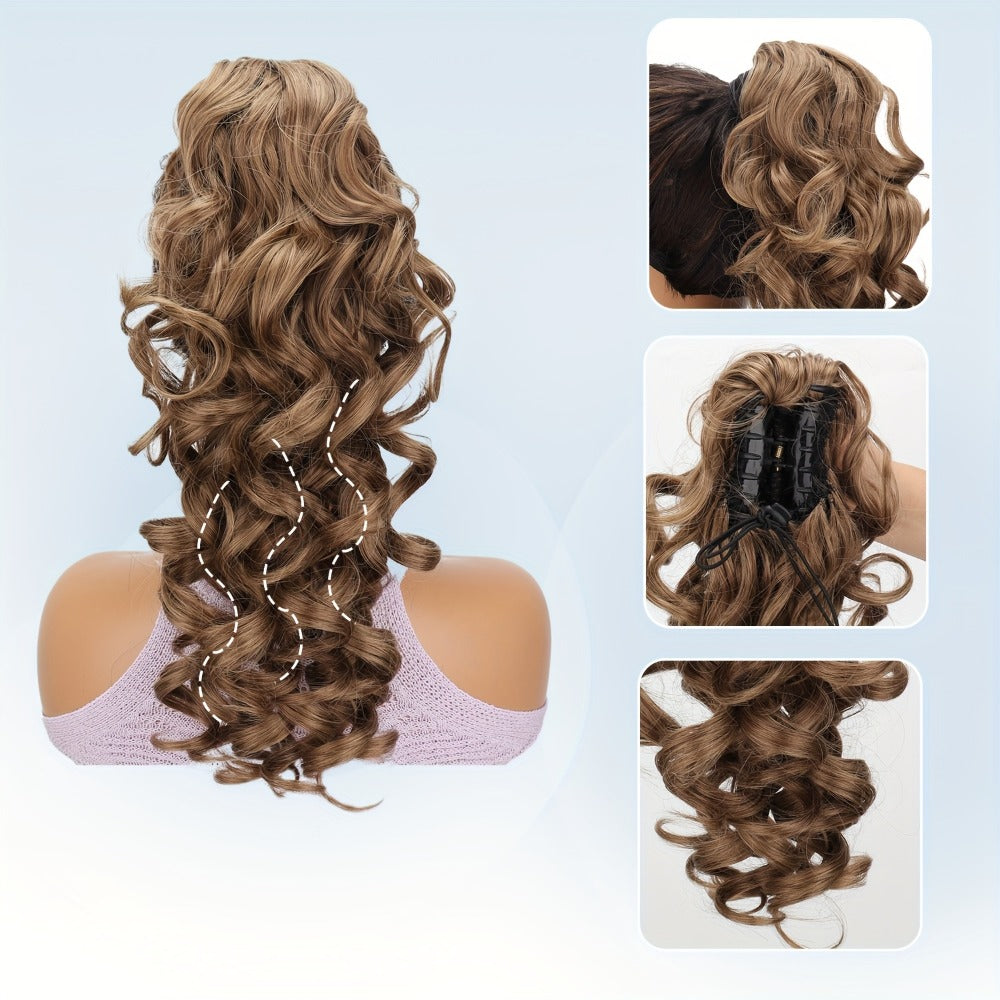 Scroll Curl Claw Clip Ponytail Extension Gradient Color 16 Inch | Synthetic Heat Resistant Hairpiece 5 Colors Linen Brown Golden Grey