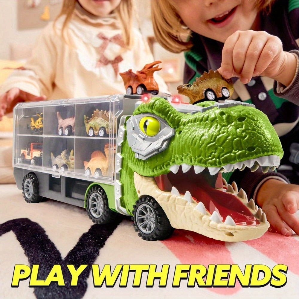 Dinosaur Truck Toy Set 13 PCS, Transport Carrier Truck with Lights & Sounds + 8 Pull-Back Cars + 3 Die-Cast Dino Vehicles + Helicopter
