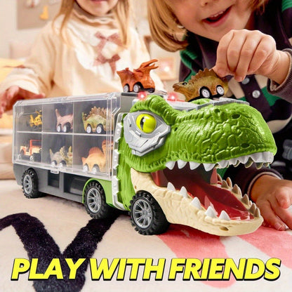 Dinosaur Truck Toy Set 13 PCS, Transport Carrier Truck with Lights & Sounds + 8 Pull-Back Cars + 3 Die-Cast Dino Vehicles + Helicopter