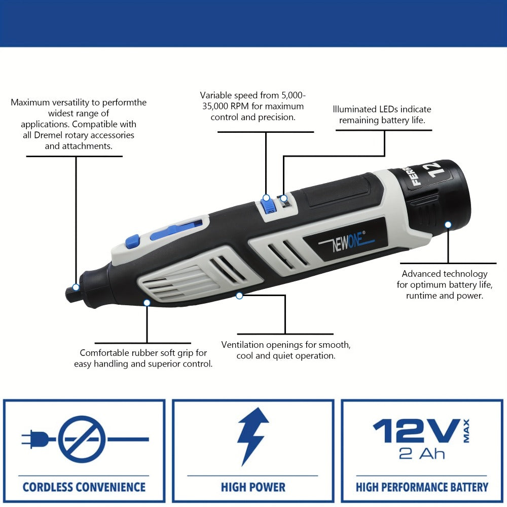 Power Tools NEWONE 12V Cordless Rotary Tool Kit with 2.0Ah Battery, Six Speeds and 48 Piece Accessories
