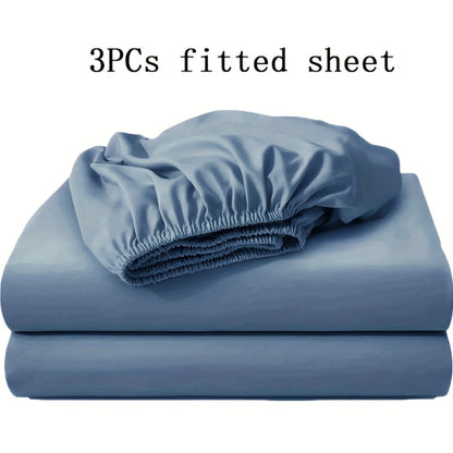 Three-Piece Solid-Color Fitted Sheet Set with Two Pillowcases, Nine Colors and Four Bed Sizes