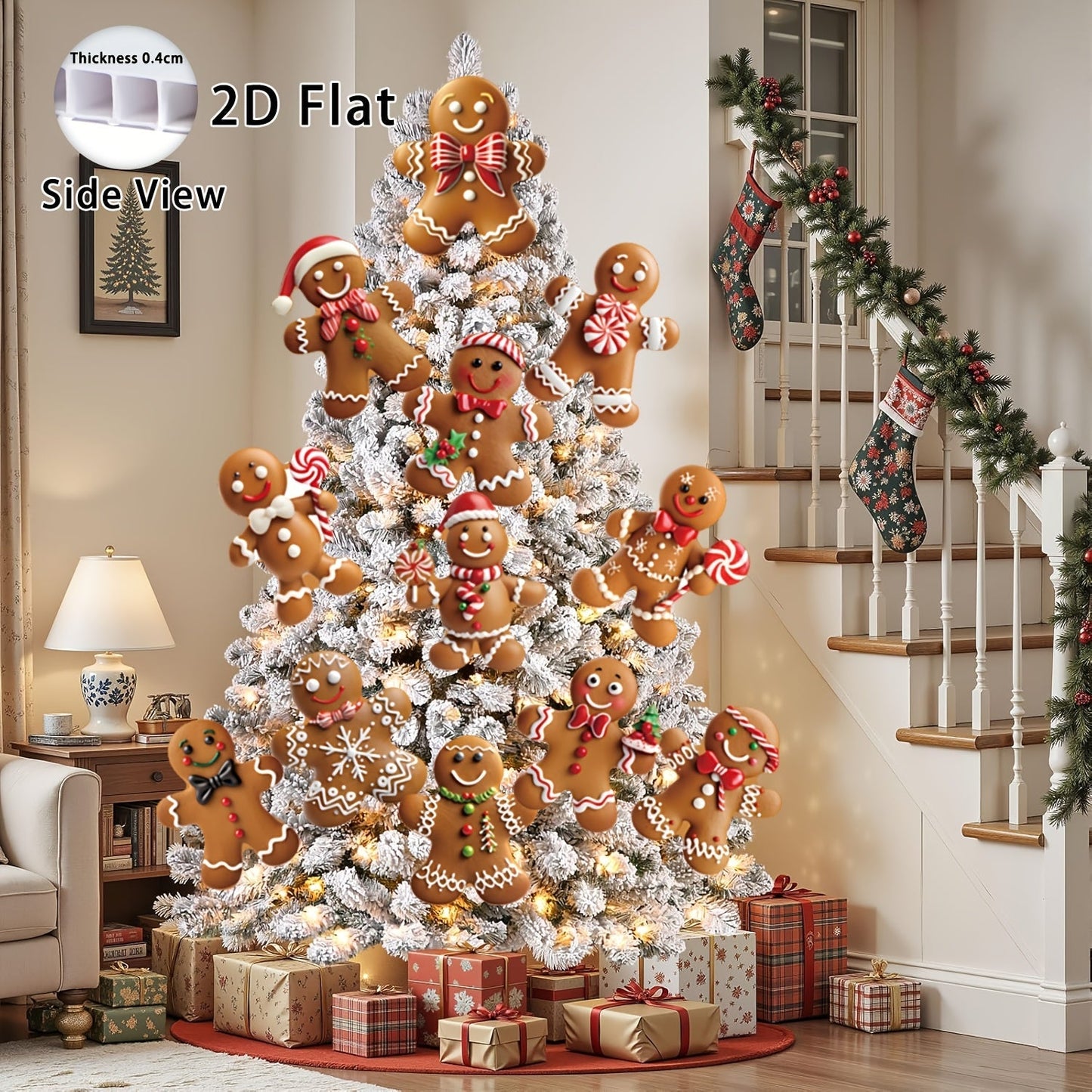 Christmas Tree Ornaments 12pcs Gingerbread Man Decorations 2D Flat Funny Xmas Tree Hanging Decor with Loops