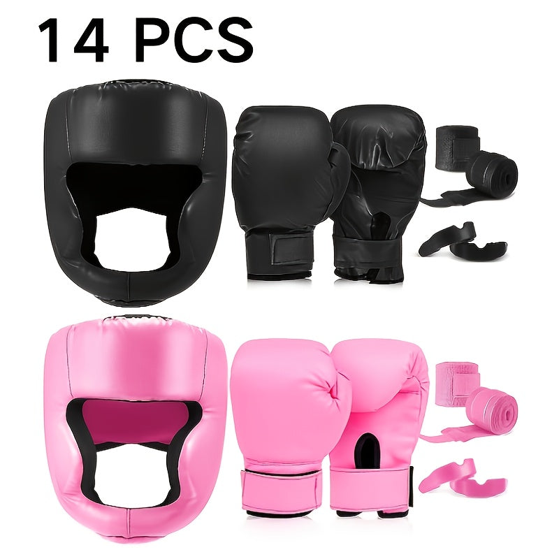 Boxing Kit Set 14pcs – 2 Pairs 16oz Boxing Gloves, Headgear, Hand Wraps & Mouthguards for Adults & Youth Beginners