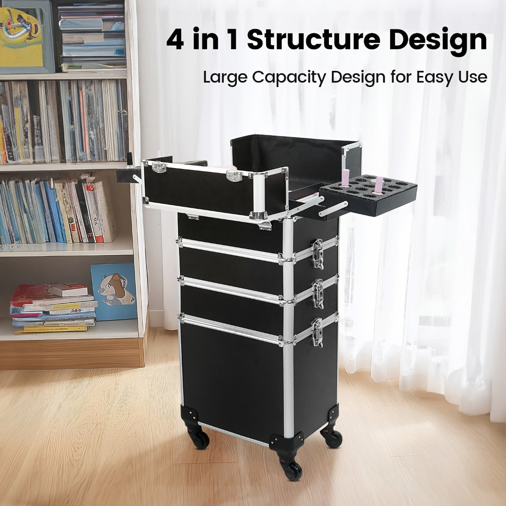 Rolling Makeup Train Case 4-in-1 Black Cosmetic Trolley with 360° Swivel Wheels & Makeup Sponges Set – Large Professional Salon Travel