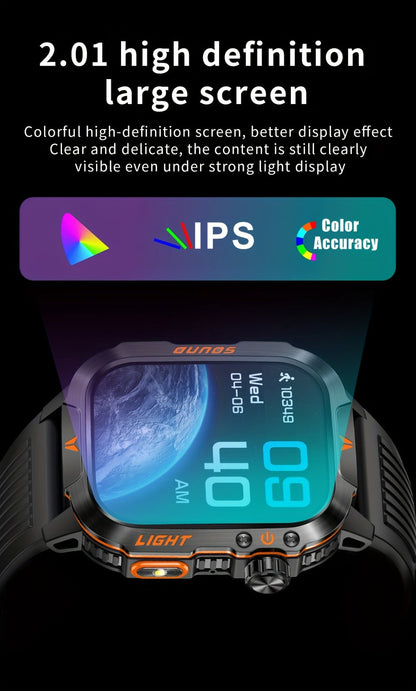 Smart Watch 2.01-Inch Rugged Display with Compass, LED Flashlight, Calling and Three Strap Combinations