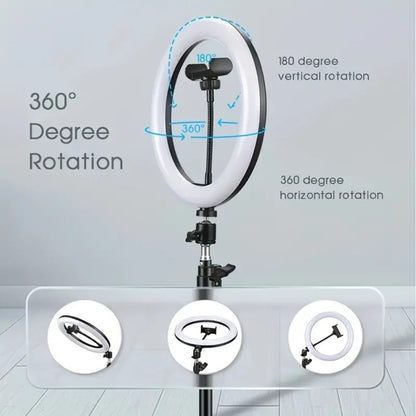 10- or 12-Inch USB Ring Light with Retractable Floor Tripod, Center Phone Holder and Lighting Options