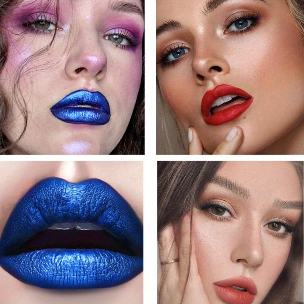 Matte Velvet Lip Stain Set 6 Colors Waterproof Smudge-Proof, Metallic Blue Cobalt Bold Shades Vegan Lip Gloss for All Skin Tones