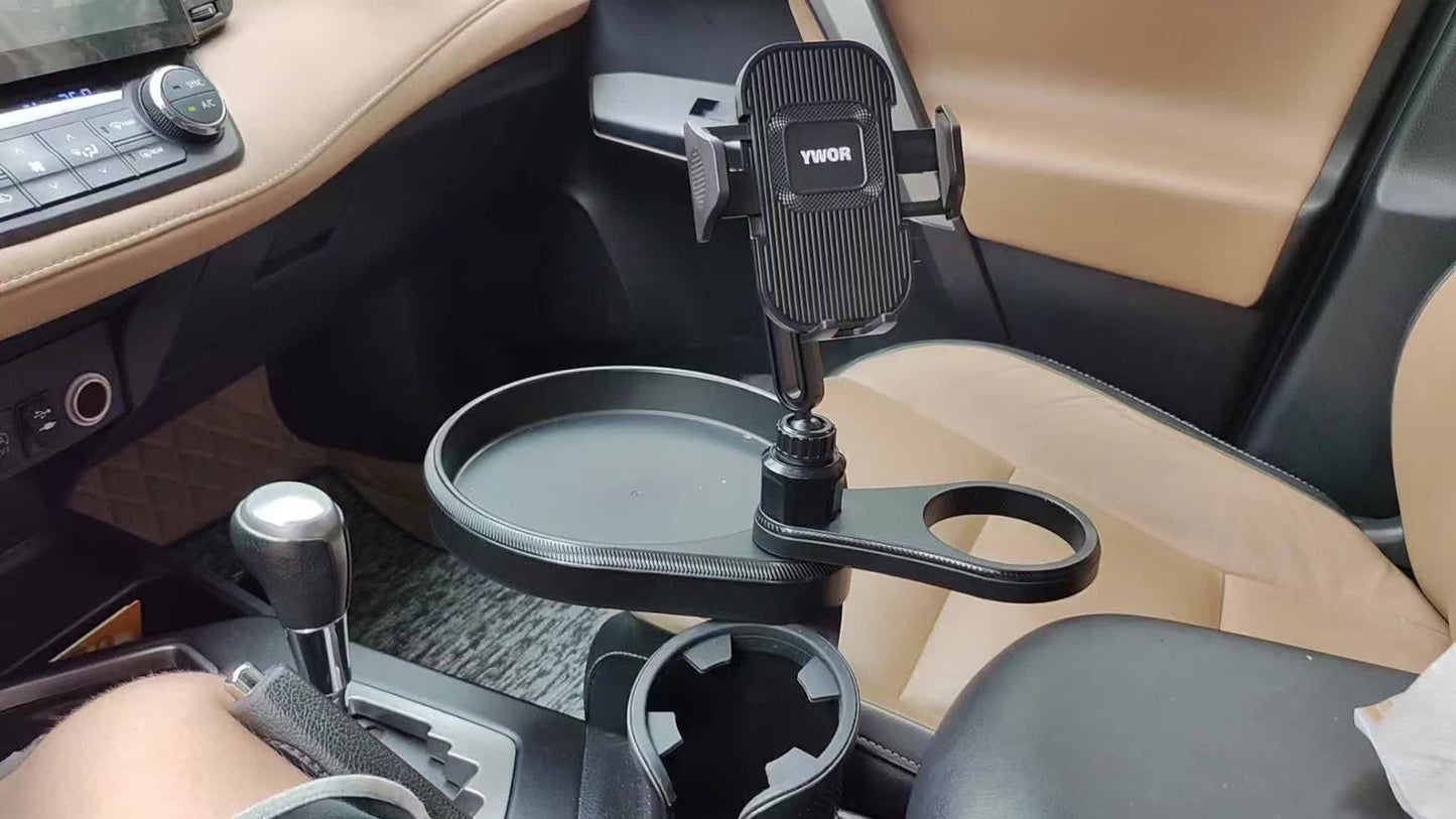 Car Cup Holder Expander with 7.7 Inch Tray, 2.7 Inch Drink Ring, Phone Mount and 58-86 mm Adjustable Base
