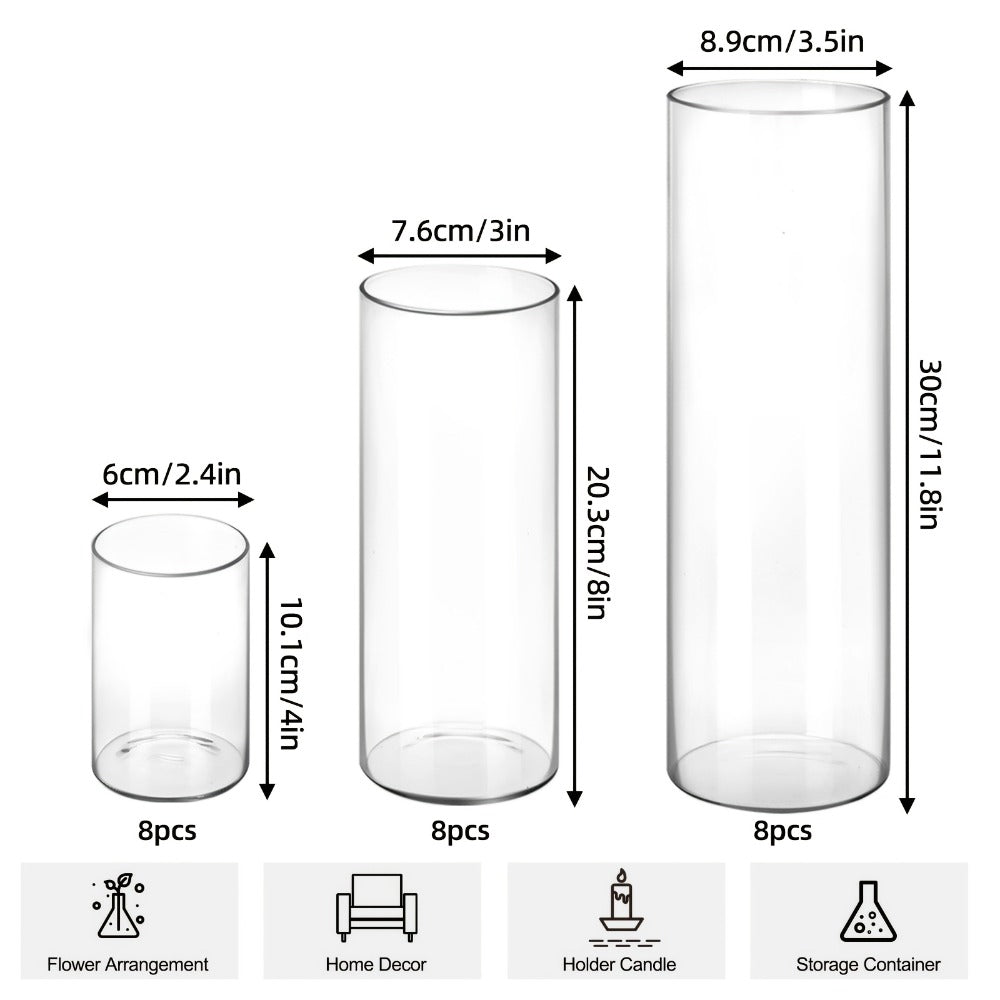 Clear Glass Cylinder Vases 24pcs Bulk Set – 4, 8, 12 Inch Tall Flower Vases for Centerpieces, Hurricane Floating Candle Holder for Wedding