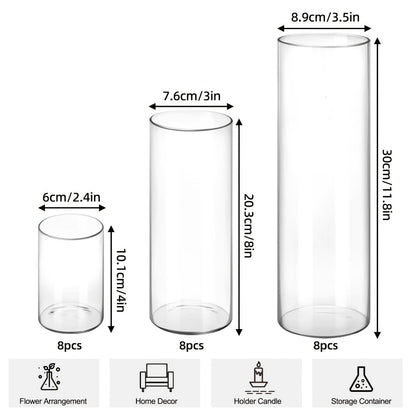 Clear Glass Cylinder Vases 24pcs Bulk Set – 4, 8, 12 Inch Tall Flower Vases for Centerpieces, Hurricane Floating Candle Holder for Wedding