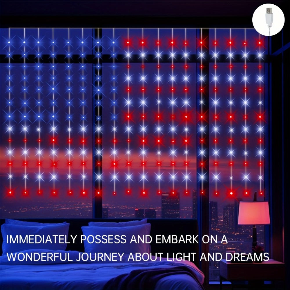 American Flag LED Curtain Lights 242 LEDs USB Powered, 4th of July Patriotic Decorations for Home Porch Garden Courtyard