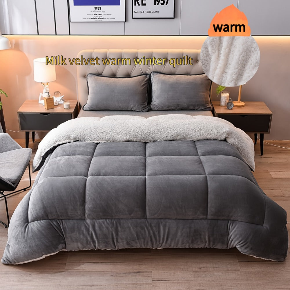 Reversible Milk Velvet Comforter Soft Quilted Blanket 100% Polyester Plush Fleece Bedding All Season Machine Washable for Home Hotel Queen