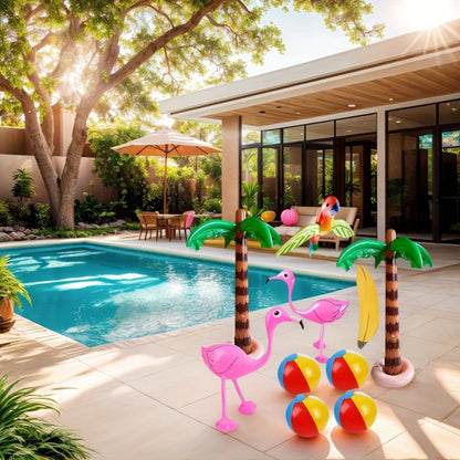 Hawaiian Luau Inflatable Party Decorations 10-Piece Set – 2 Palm Trees, 2 Flamingos, 4 Beach Balls, Parrot & Banana
