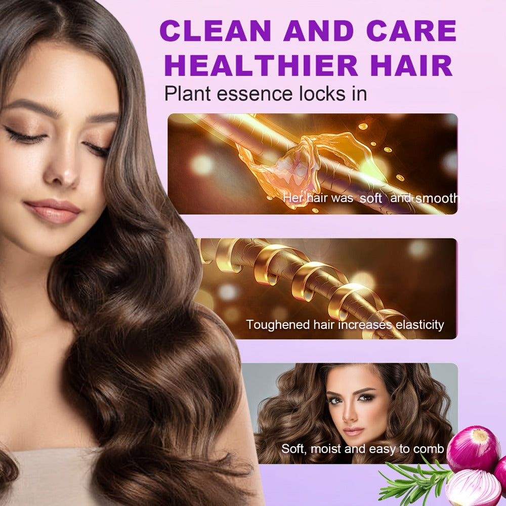 Onion, Biotin and Rosemary-Labeled Shampoo and Conditioner Set in Purple Pump Bottles with Jojoba Oil Wording