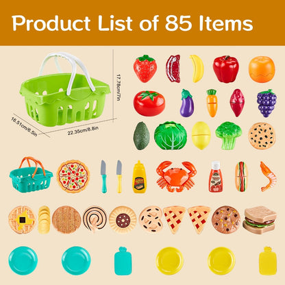 Pretend Play Food Set 85pcs, Cutting Toy Food with 2 Baskets, Pizza Veggies & Fruits, Play Kitchen Accessories for Toddlers