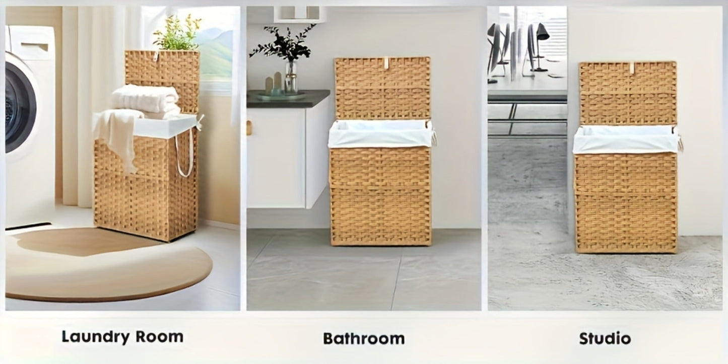 Lidded Woven Laundry Hamper with Removable Liner in Goose Yellow or Dove Gray and Two Capacity Labels