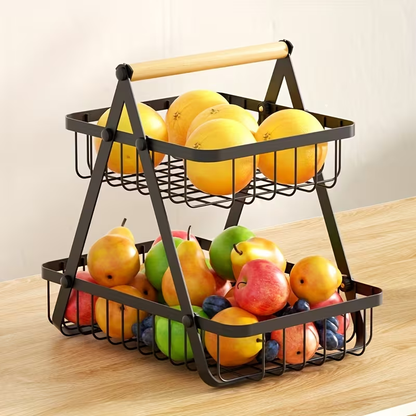 Two-Tier Black Wire Fruit Basket with Wood-Look Carry Handle and 12.2-Inch Countertop Frame