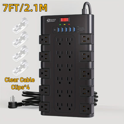Surge Protector Extension Cord Flat Plug 2100 Joules with Control Switch Status Indicator for an Everyday Personal Care Routine
