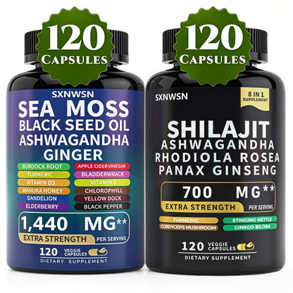Adaptogen Energy Supplement with Sea Moss & Shilajit, 7-in-1 Formula with Black Seed Oil, Ashwagandha
