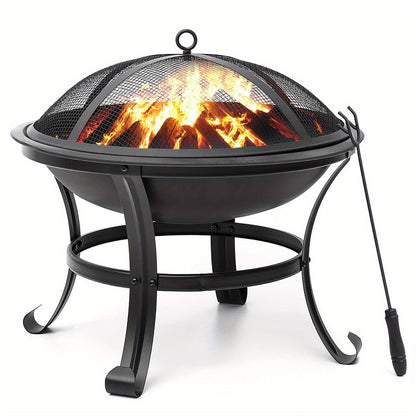 22-Inch Round Fire Pit with Domed Mesh Cover, Inner Log Grate, Four-Leg Stand and Long Poker