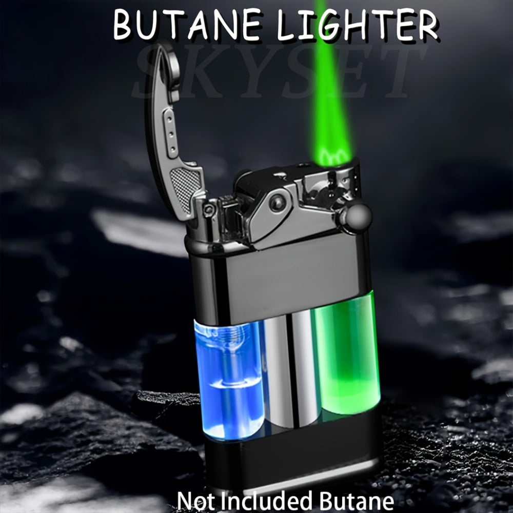 Green Flame Metal Lighter Windproof, Refillable Butane Gas Lighter with Adjustable Flame, Fuel Window & Rocker Arm Ignition