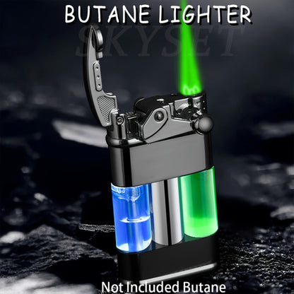 Green Flame Metal Lighter Windproof, Refillable Butane Gas Lighter with Adjustable Flame, Fuel Window & Rocker Arm Ignition