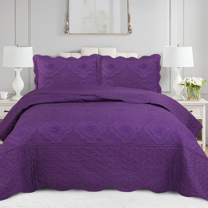 Quilt Set 3 Piece Floral Embroidery Bedspread – 100% Polyester Wrinkle Resistant Lightweight Quilted Coverlet with 2 Pillow Shams for Full
