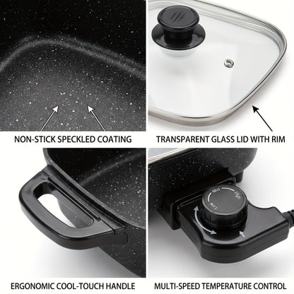 Electric Mini Square Hot Pot 8-Inch Non-Stick Speckled Coating Glass Lid Cool-Touch Handle for Home Cooking, Dining and Outdoor Meals