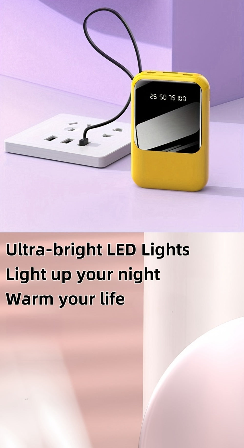 Power Bank 10000mAh Mini with Built-In Cable Set, 5W/15W/22.5W Variants, LED Light and Digital Display