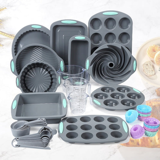 Silicone Bakeware Set with Cake Molds, Muffin Pan, Donut Pan, Baking Sheet, Baking Cups & Measuring Cups Spoons