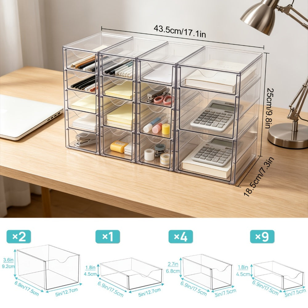 Clear Modular Drawer Organizer with 8- or 16-Drawer Checkout Sets for Office, Makeup and Craft Supplies