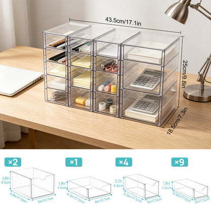 Clear Modular Drawer Organizer with 8- or 16-Drawer Checkout Sets for Office, Makeup and Craft Supplies
