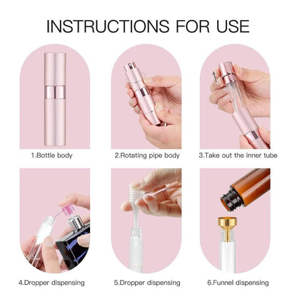 Refillable Perfume Atomizer Travel 5 Pack – 8ml Mini Cologne Sprayer Bottles with Cap-Free Twist Design, Leak-Proof Aluminum & Glass