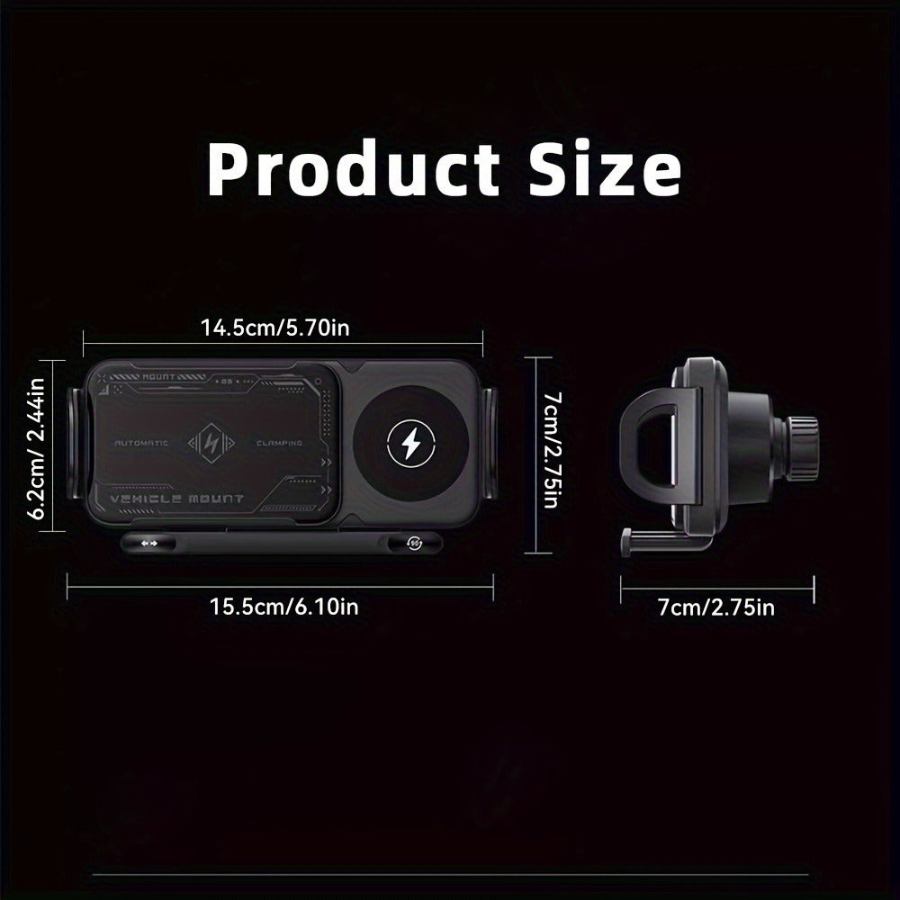Dual-Coil Wireless Charging Car Mount with 15W Label, Fold-Screen Support and Three Configurations