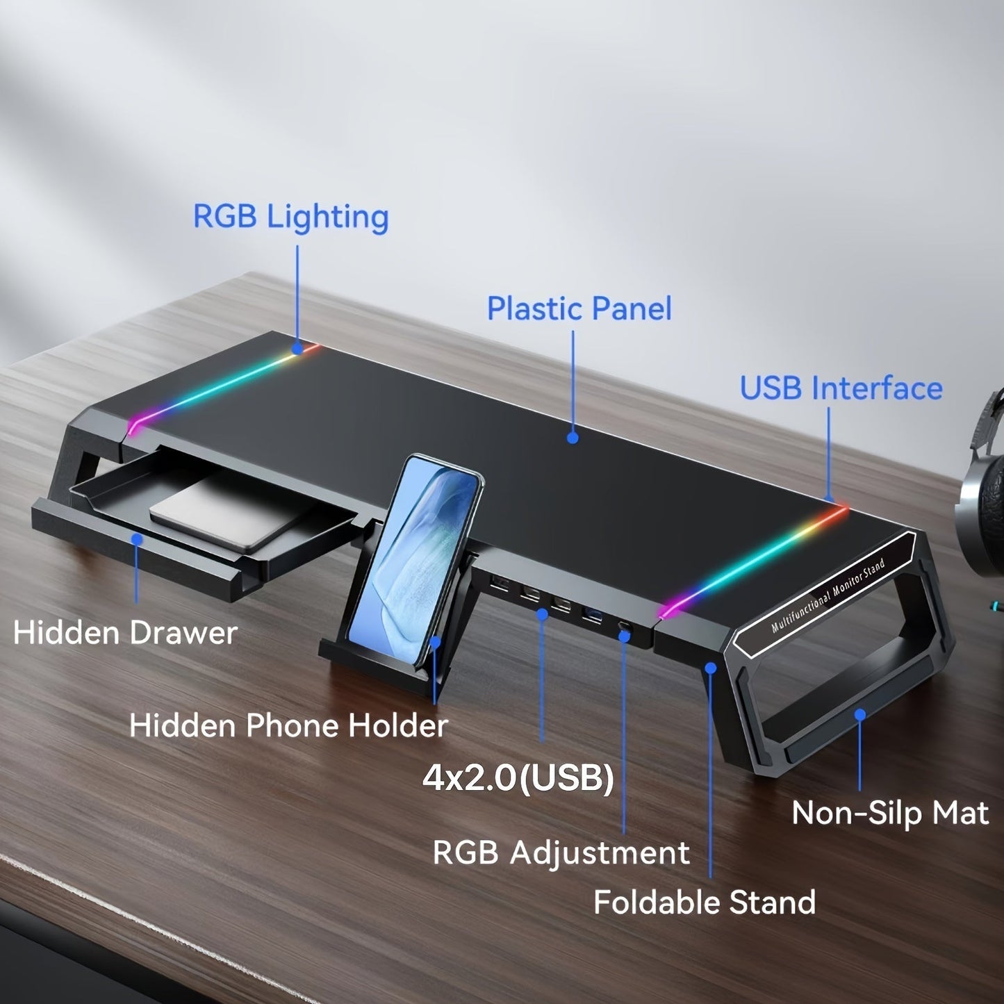 ICE COOREL Monitor Stand Foldable Height Adjustable with Storage Drawer, RGB Lighting & 4 USB Ports