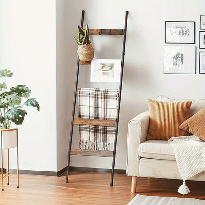 Blanket Ladder Storage Organizer 5-Tier Metal Rack with 10 Detachable Hooks in Brown or Black