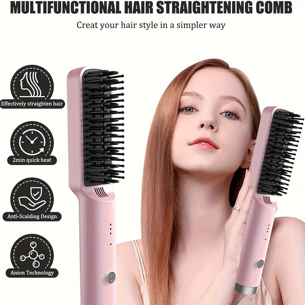 Compact Hair Straightening Brush with Three Color Options, LED Indicators and Three Pictured Heat Levels