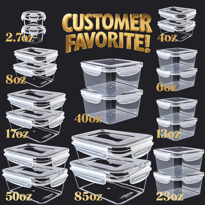 Food Storage Containers with Lids, 10- or 40-Piece PP Set with Easy-Snap Lids, Labels and Markers in Two Colors