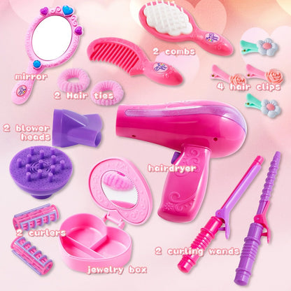 Girls Beauty Salon Toy Set 17 PCS, Pretend Play Hair Stylist Kit with Working Hairdryer Mirror Curling Wands Combs Clips & Jewelry Box