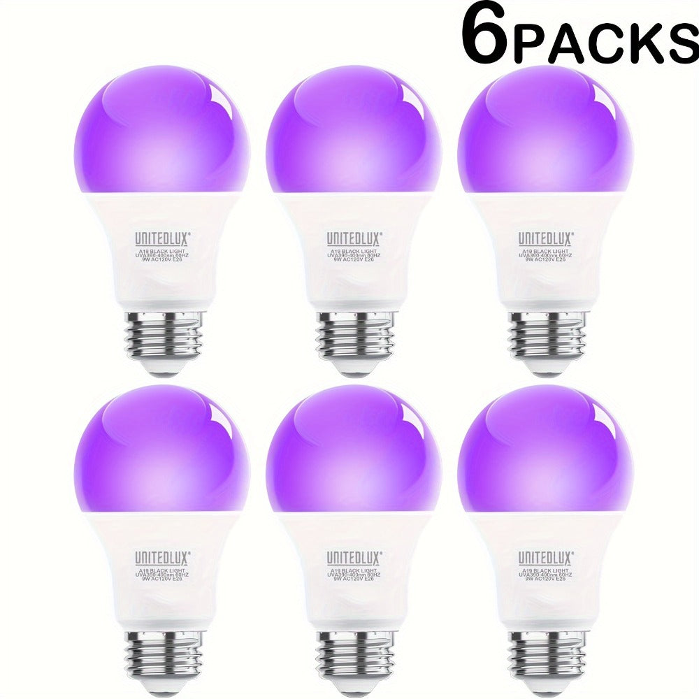 Black Light Bulbs 6 Pack A19 E26 LED UV Bulbs 9W 60W Equivalent 390-400nm UVA Glow in the Dark for Home, Desk and Accent Lighting