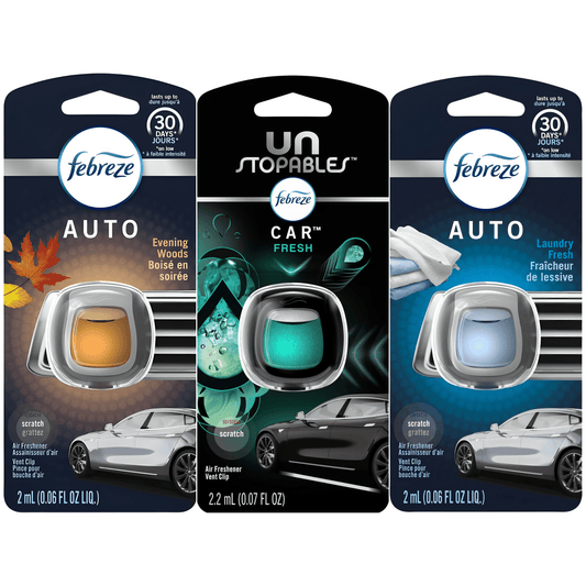 Car Vent Clip Air Freshener 3-Pack – Febreze Auto Odor Eliminator, Unstopables Fresh, Evening Woods & Laundry Fresh