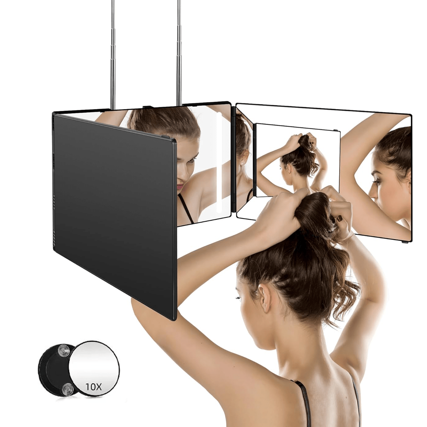 3 Way Mirror for Self Hair Cutting, 360° View Hair Cut Mirror to See Back of Head Height-Adjustable Hook Door Wall Table Mount Anti-Fog HD