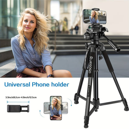 60-Inch Camera Tripod in Black with Pan-and-Tilt Head, Quick-Release Plate, Phone Holder and Storage Bag
