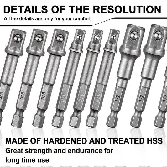 Impact Socket Adapter Set – 1/2" 3/8" 1/4" Square Drive Hex Bit Adapter for Drills & Impact Drivers, Extension Socket Converter